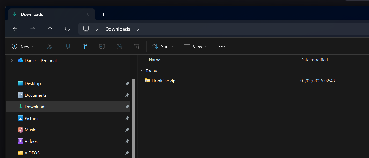 Hookline.zip in the Downloads folder