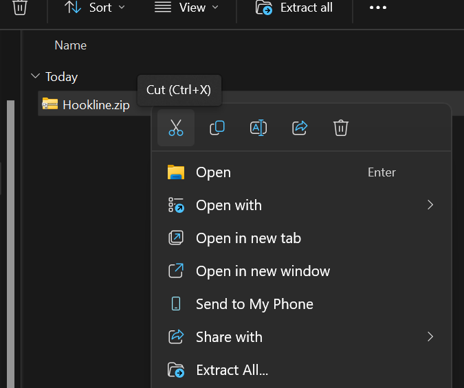 Right-click menu with Cut highlighted