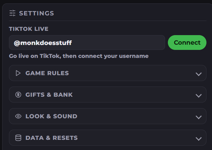 Entering the @username and pressing Connect
