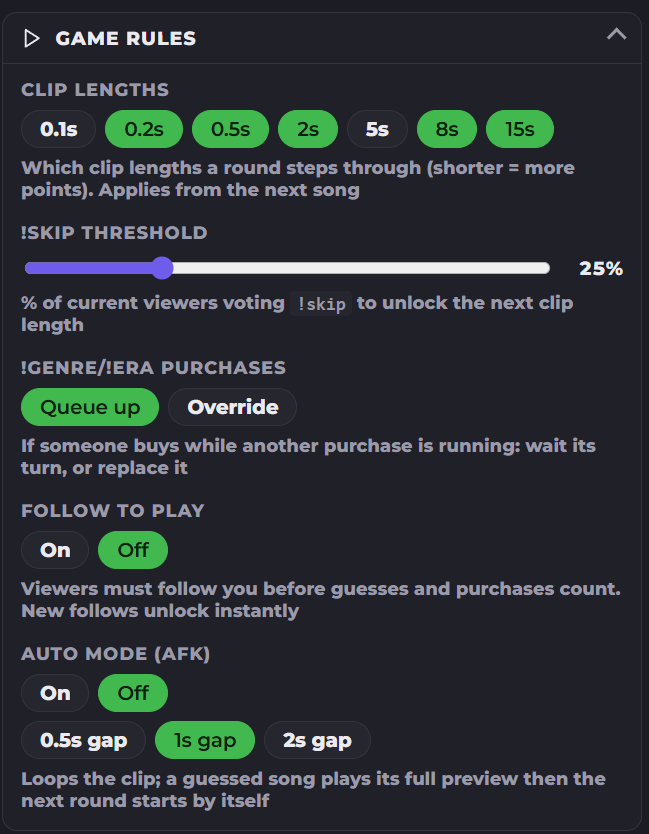 The game rules settings
