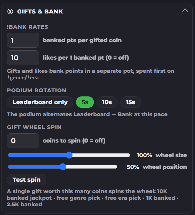 Gifts and bank settings